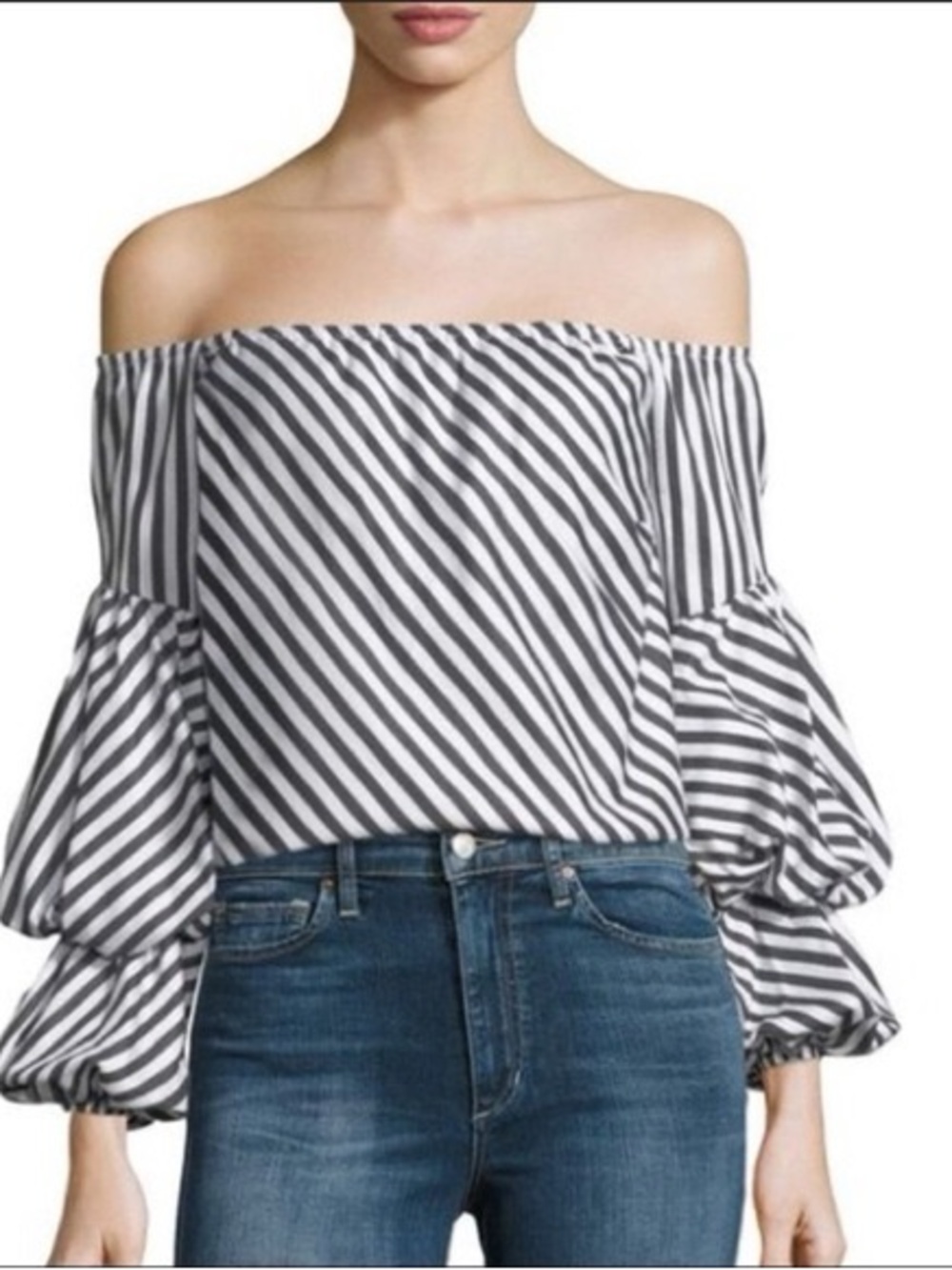 Petersyn Off-Shoulder Black and White Striped Peasant Top